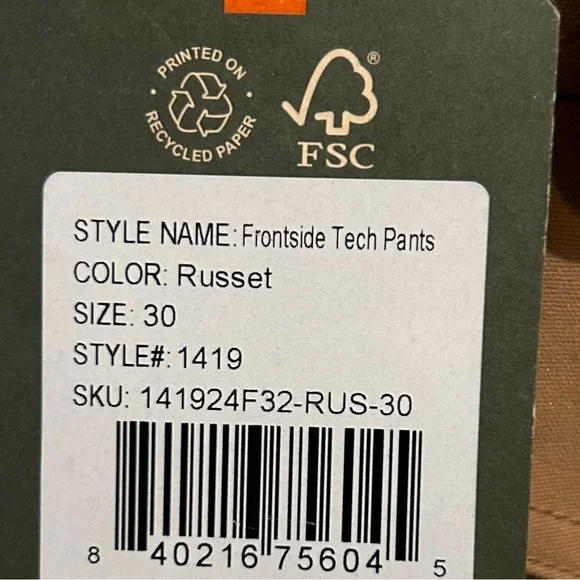 Howler Bros Frontside 5-Pocket Pants Men’s 30x32 – Russet – Stretch Canvas – NWT - Picture 7 of 7